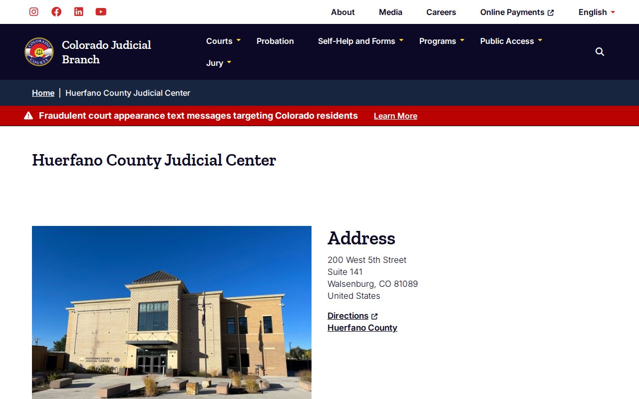 Huerfano County Judicial Center address phone and public hours