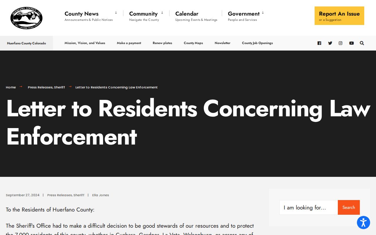 Huerfano County warrant records Walsenburg law enforcement transition