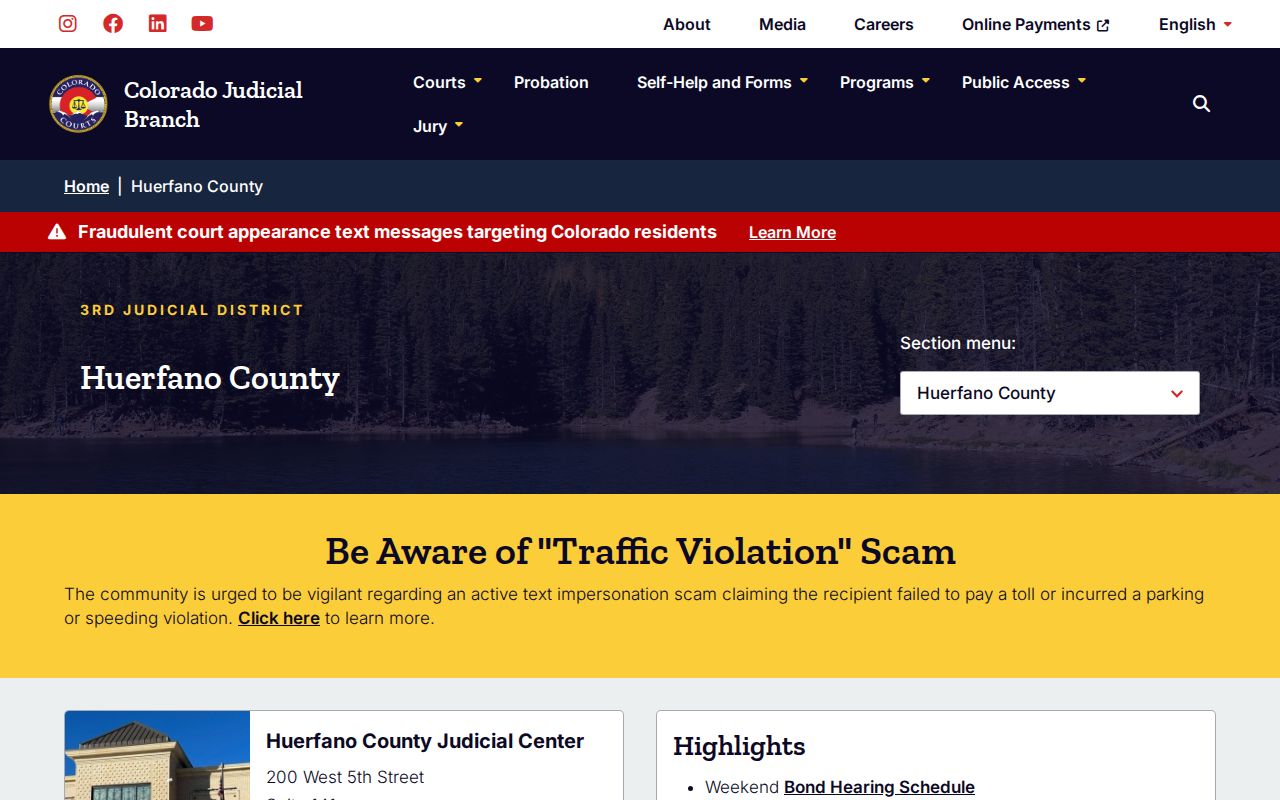Huerfano County warrant records Judicial Center overview