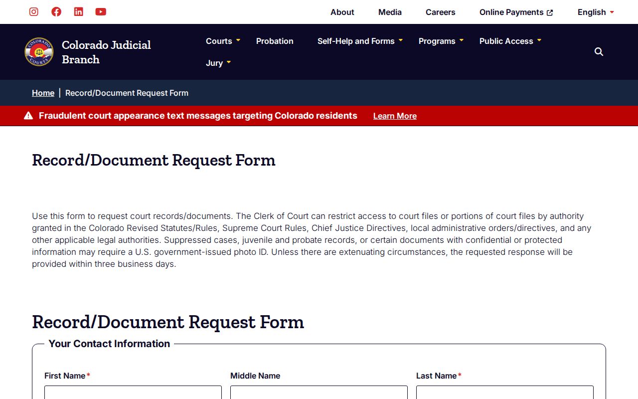 Colorado court record request form fields for a Huerfano case