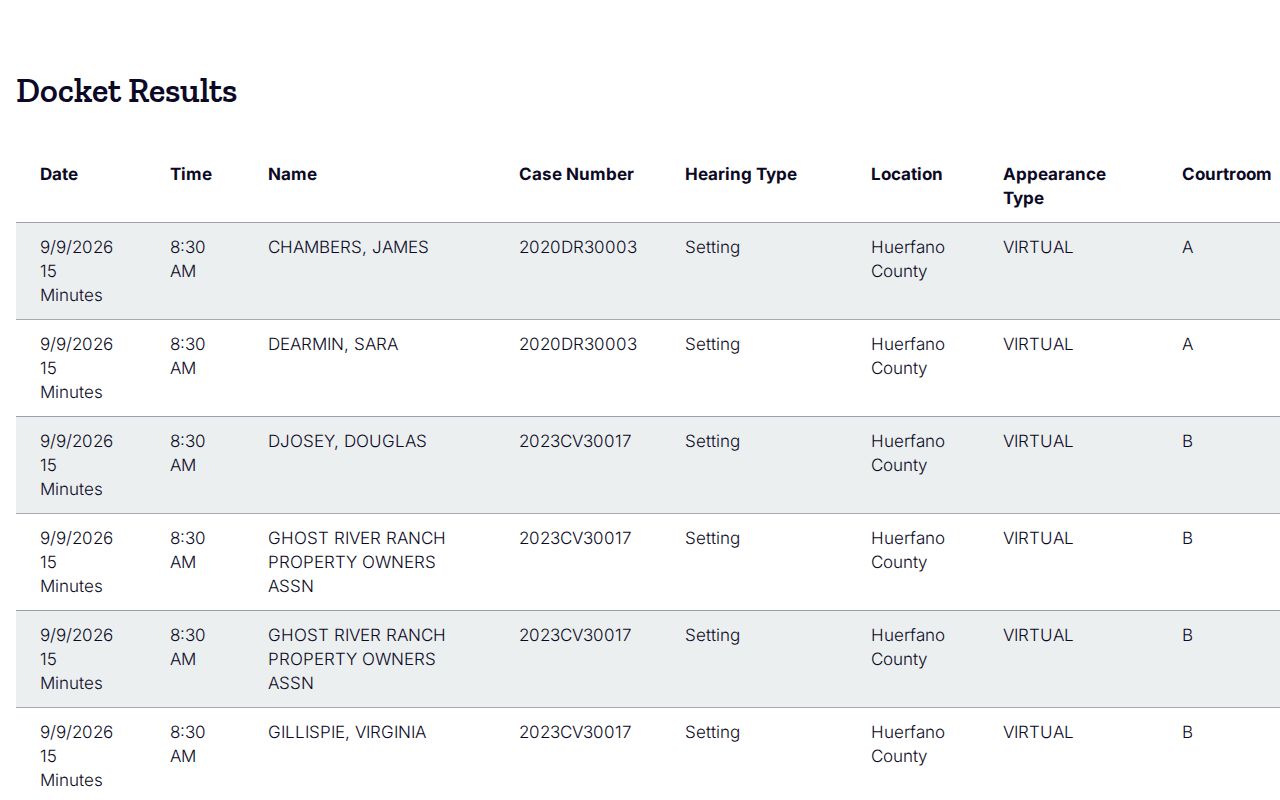 Huerfano County warrant records docket result columns