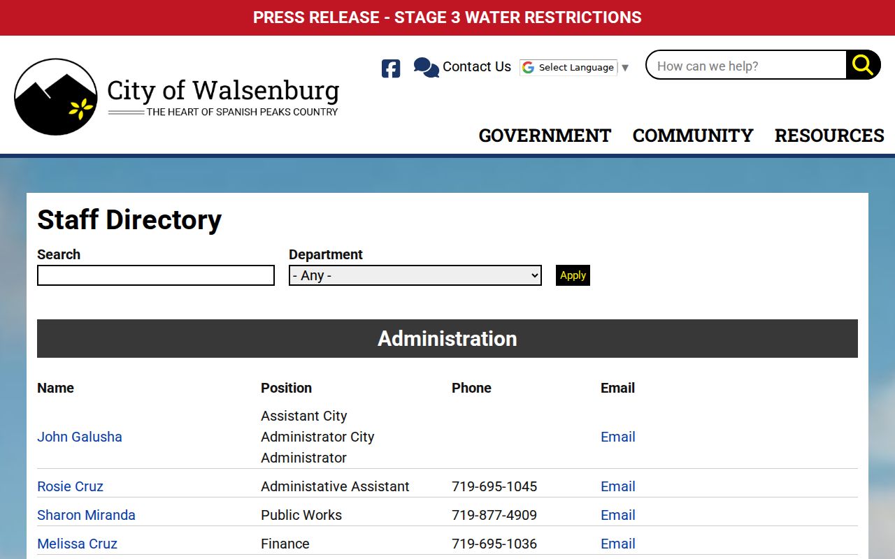 Walsenburg municipal judge clerk and police contact directory