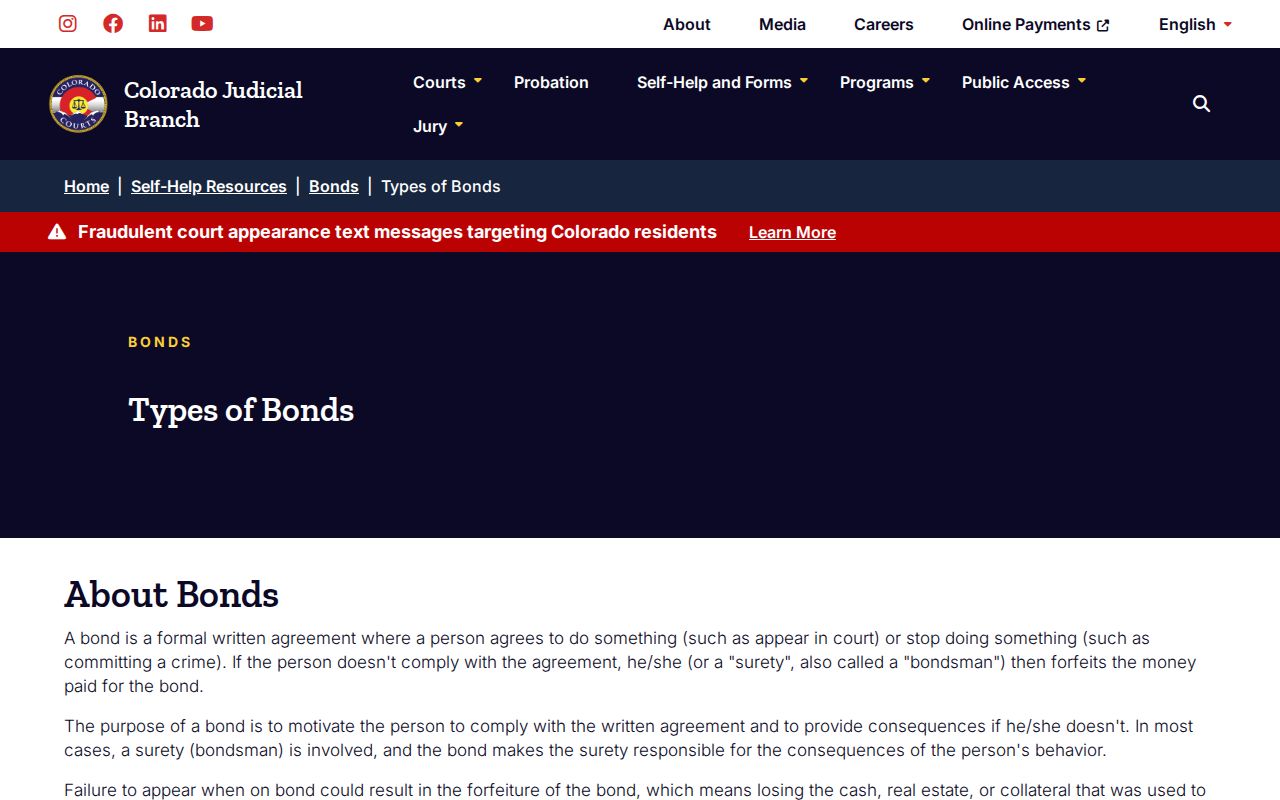 Colorado Judicial official bond types for a warrant case