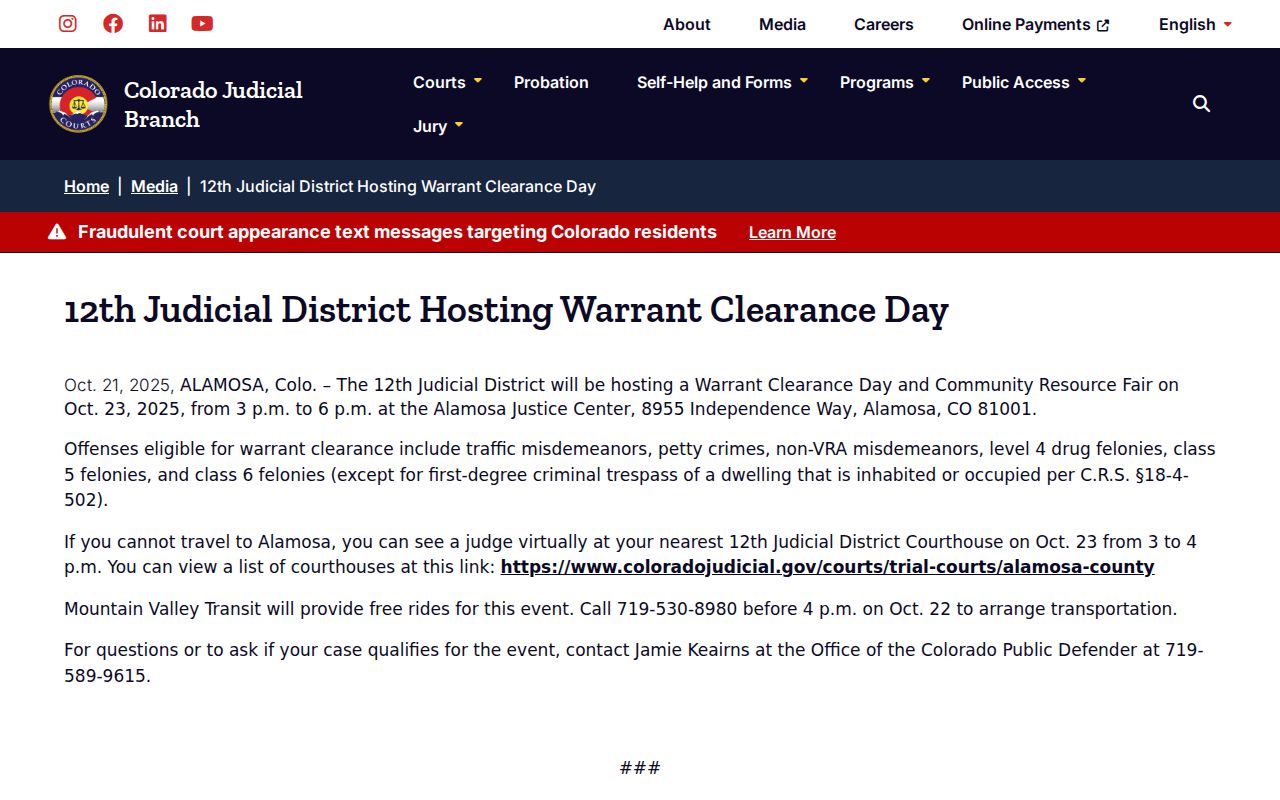 Colorado Judicial notice for a warrant clearance event outside Huerfano County